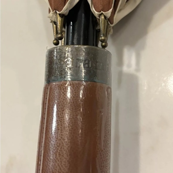Aramis Vintage Classic Brown Umbrella Leather Handle Beige Trim 37" Never Used - Picture 6 of 8